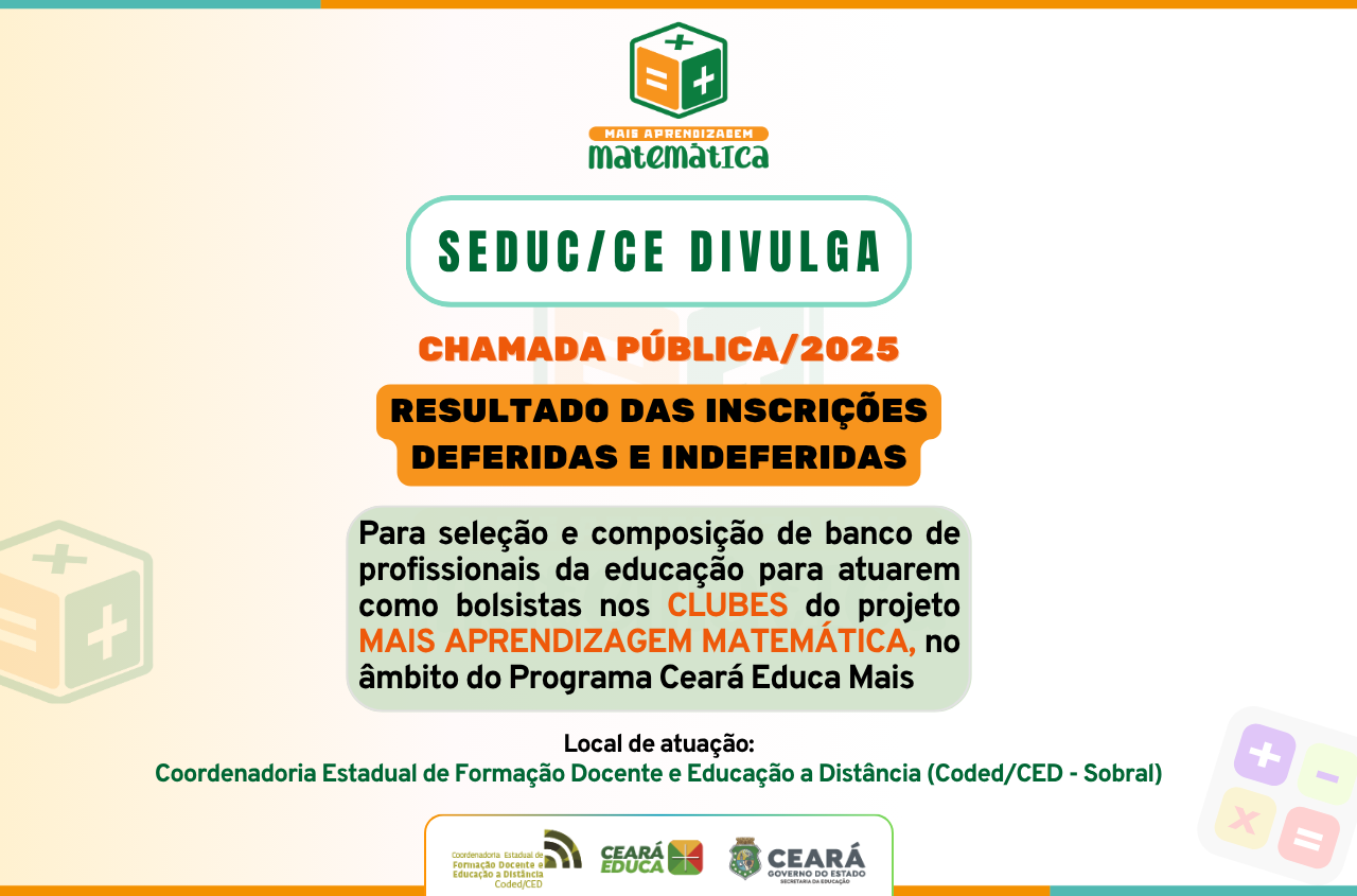 Confira o resultado das inscrições deferidadas e indeferidas da chamada pública para bolsistas dos Clubes Mais Aprendizagem Matemática
