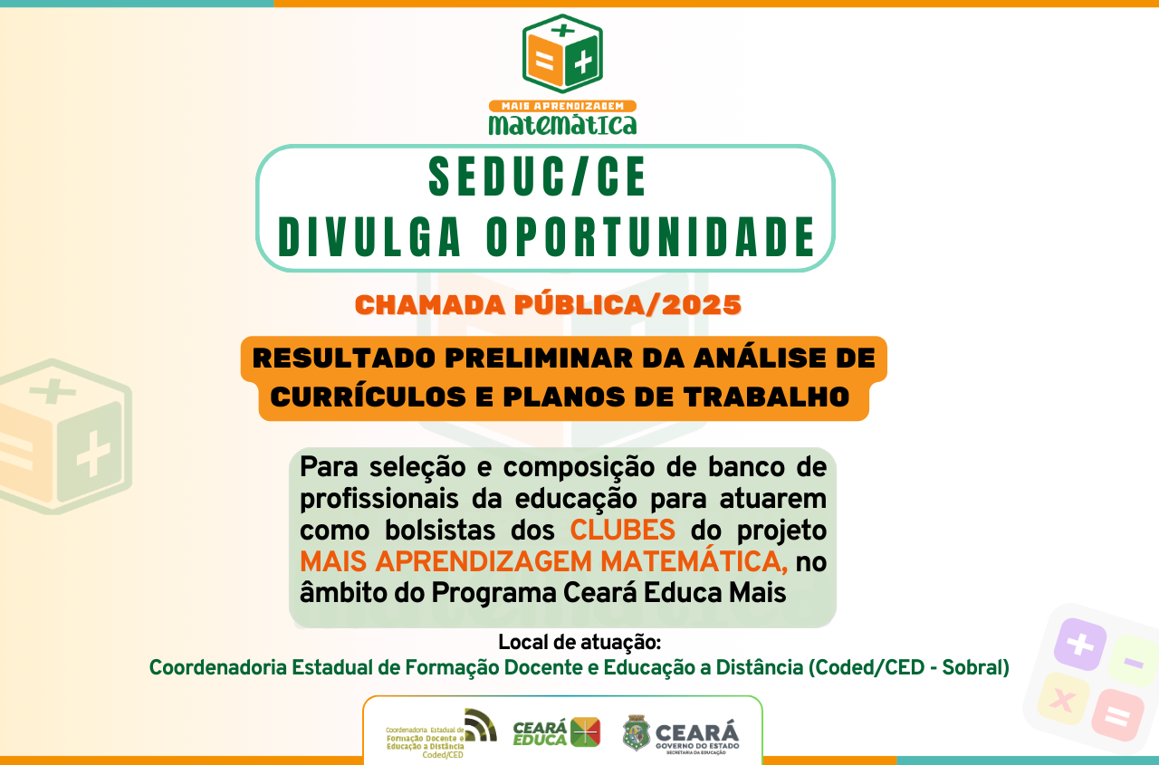 Mais Aprendizagem Matemática: divulga o resultado preliminar da análise de currículos e planos de trabalhos