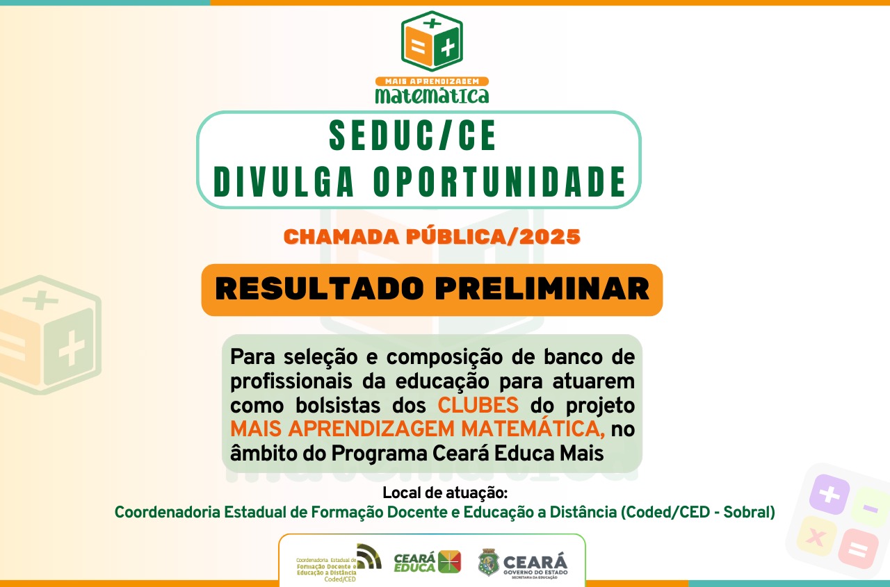 Mais Aprendizagem Matemática: resultado preliminar da seleção para Clubes na Coded/CED