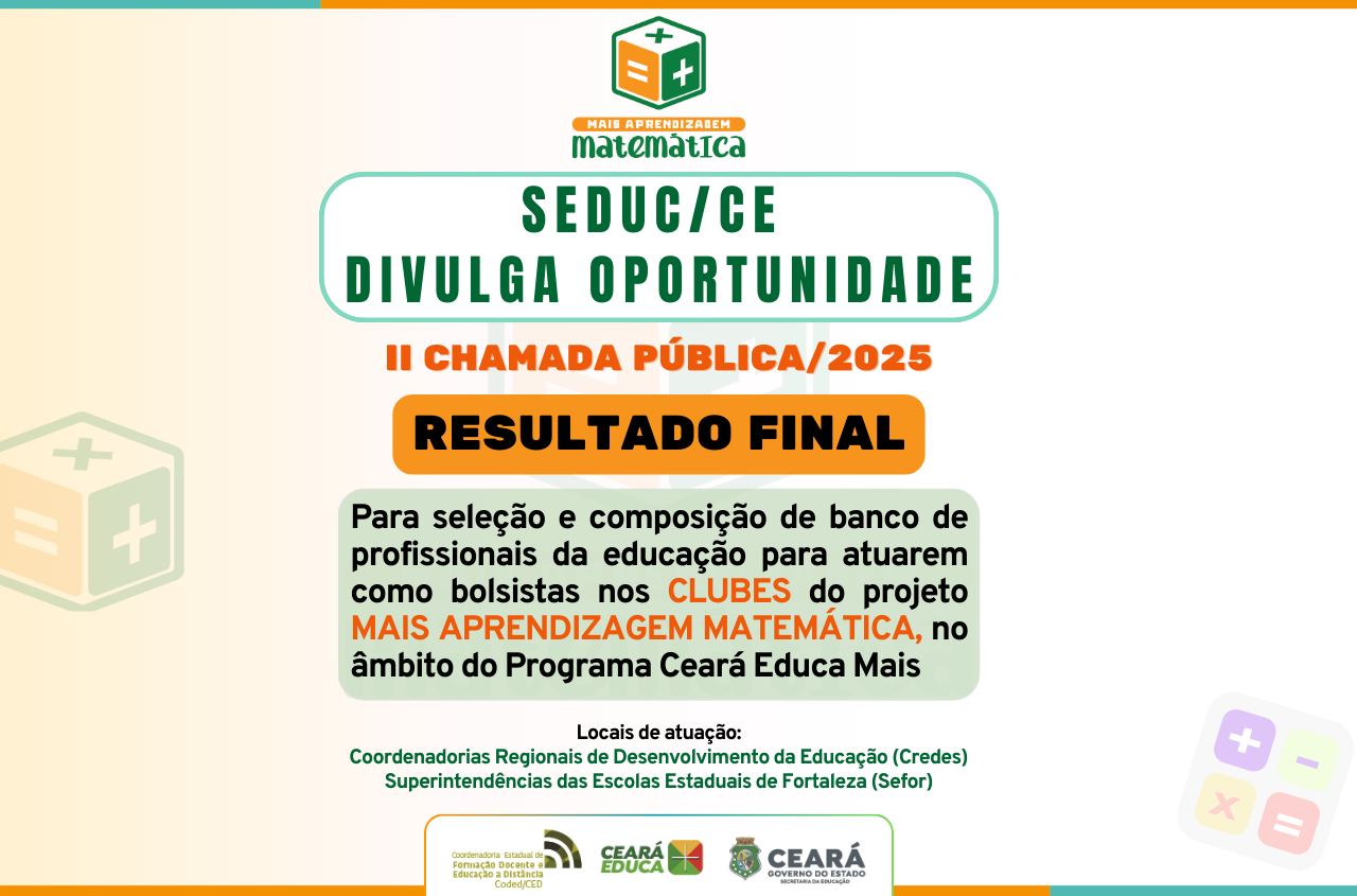 Resultado final para bolsistas nos Clubes do Mais Aprendizagem Matemática nas regionais